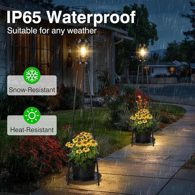 TOWPONICS 2-Pack 40.75'' Solar Lights with Plant Stands, Solar Powered Outdoor Floor Lamp with Planter, IP65 Waterproof Outdoor Lamp for Patio Deck Porch Yard Garden Decor, 8-12 Hours Lighting