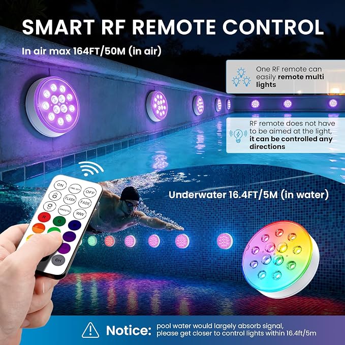 LOFTEK Pool Lights, Rechargeable Submersible LED Lights with Remote, IP68 Waterproof, 16 Colors Underwater Pool Light for Above Ground Inground Pool, Hot Tub, Shower, Bathub, Party, Vase, 4 Packs