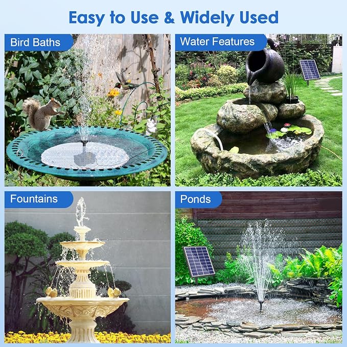 POPOSOAP Solar Fountain Pump for Bird Bath, 6.5W Solar Water Fountain Pump with Upgraded Dry-Run Protection & Double-Layer Nozzles 5Ft Tubing for Pond, Bird Bath, Backyard Water Feature P1065