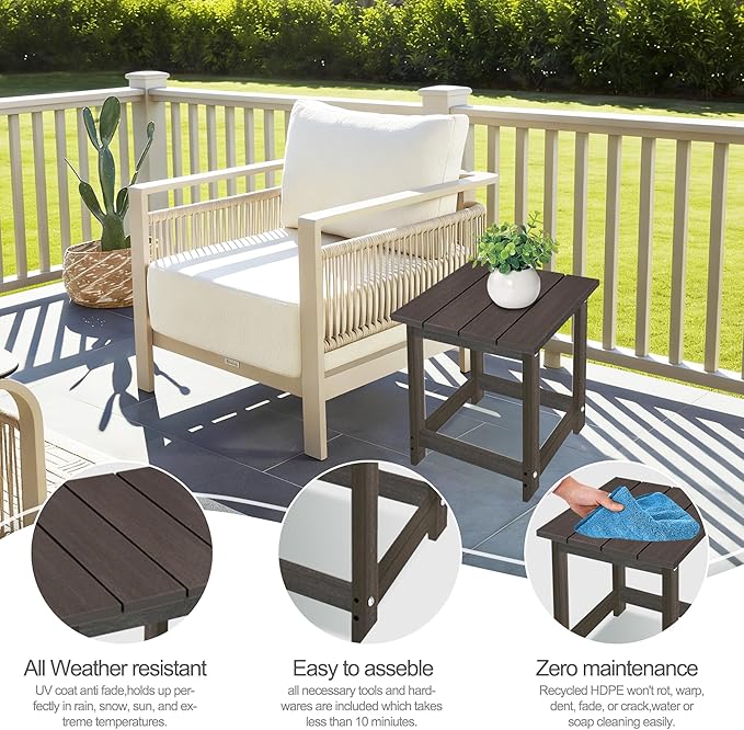 LZRS Square Patio Side Table, Heavy Duty HDPE Outdoor End Table with Wood Texture, Weatherproof Composite Table for Adirondack Chairs, Deck, Pool, Indoor/Outdoor, No Peeling or Cracking(Brown Mixture)
