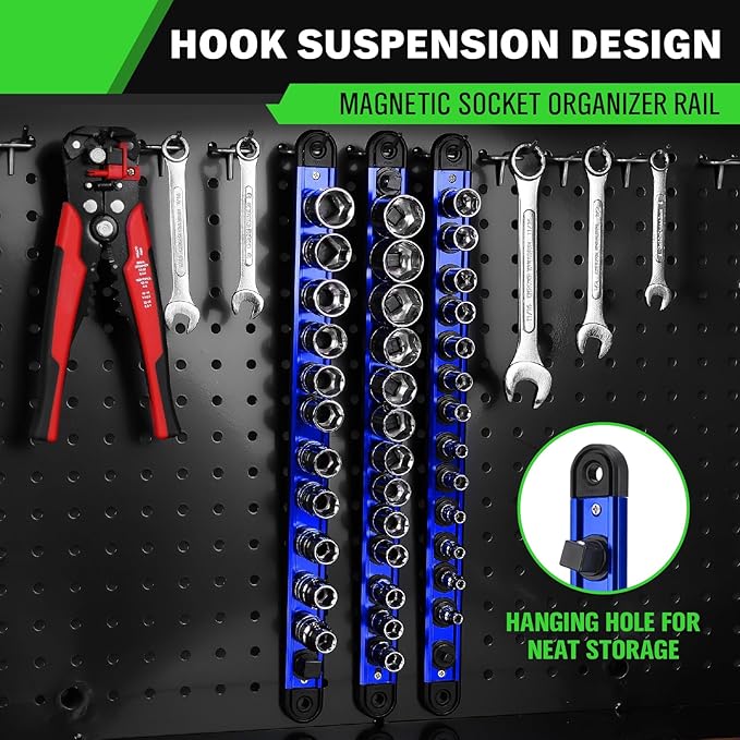 1/2-Inch Magnetic Socket Organizer Rail, Aluminum Alloy Socket Rail, Heavy Duty Sockets Holder with 12 Clips, 360° Swivel Clip Tool Tray, Sockets Organizer for Tool Box Drawer (Blue)