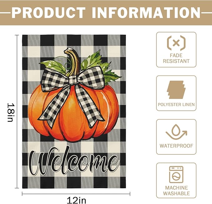 Fall Pumpkin Garden Flag 12x18 Inch Welcome Autumn Harvest Theme Thanksgiving Buffalo Plaid Decorative Yard Flags for Outside Double Sided Outdoor Home Farmhouse Decoration Porch Decor