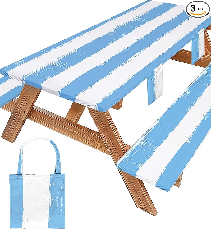 Picnic Table Cover with Bench Covers Camping Essentials Waterproof Windproof Patio Outdoor Tablecloth with Storage Bag, Fitted Rectangle Tables and Seats Tablecover for Rv Owner Camper 96in