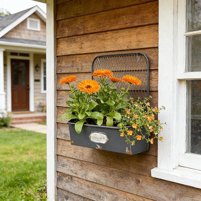 Vintage Blue Metal Hanging Flower Pot, Rustic Wall Planter with 3 Compartments, Farmhouse Plants Holder for Succulents Tubs, Garden Railing Fence Patio Yard Outdoor Decor