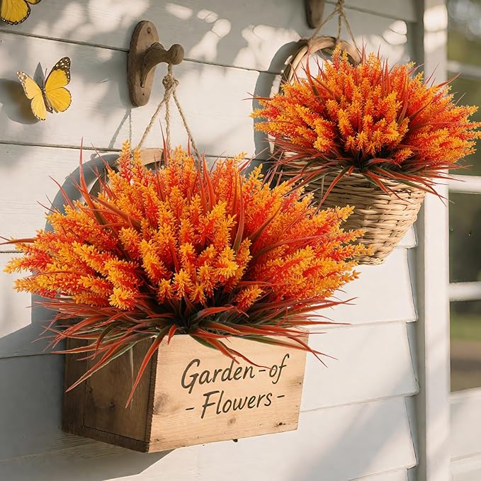 24 Bundles Artificial Fall Flowers Outdoor, Faux Lavender with Monkey Grass | UV Resistant Plastic Faux Plants for Garden Porch Patio Home Decor, Autumn-orange Color