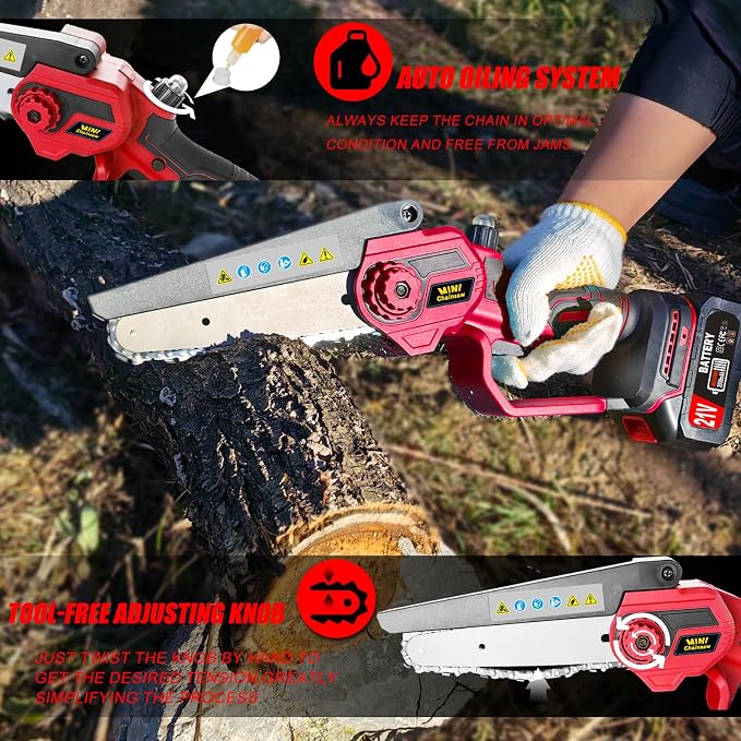 2-in-1 Electric Pole Saws & 6 Inch Cordless Mini Chainsaw for Tree Trimming with Extension Pole & 2Pcs Battery Powered, 16 Feet Electric Pole Chainsaw, Tree Trimmer Limb Branch Cutter Pruner-Red