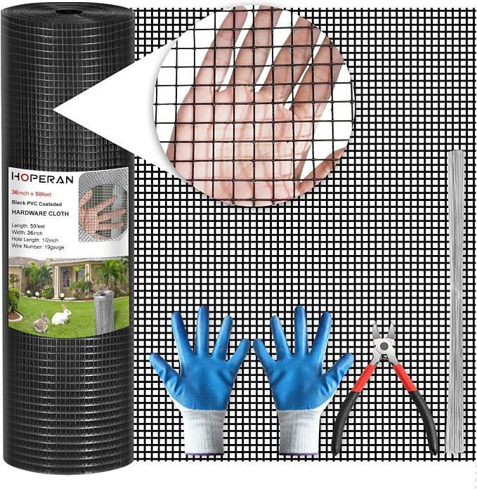 HOPERAN Black Hardware Cloth 1/2 inch 36 inch x 50 Foot 19 Gauge - Vinyl Coated Welded Chicken Wire Fencing Mesh, PVC Wire Fence Roll for Garden Fence, Gopher Wire and Poultry Netting Cage