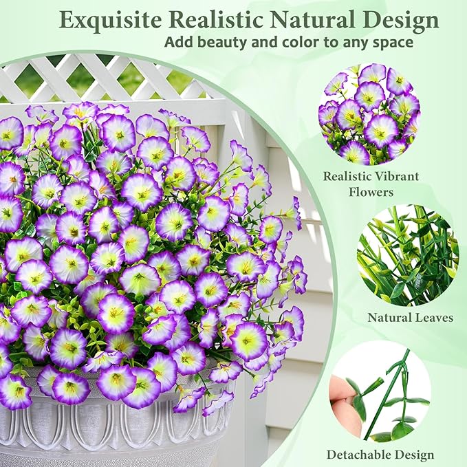 Yastouay Artificial Flowers for Outdoors, 26 Bundles Fake Outdoor Flowers, UV Resistant Artificial Plants & Flowers for Decoration, Purple/White Realistic Morning Glory for Outdoor Porch Garden