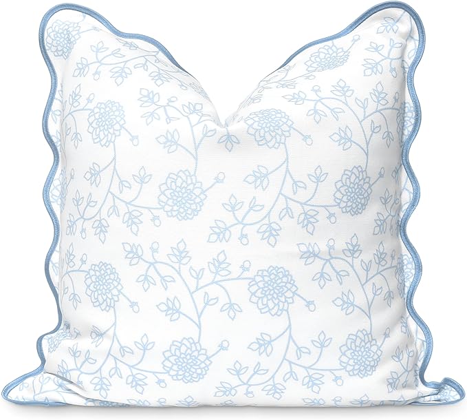 Hofdeco Premium Coastal Patio Indoor Outdoor Scalloped Throw Pillow Cover Only, 20"x20" Water Repellent for Backyard, Couch, Baby Blue Print Dahlia Floral