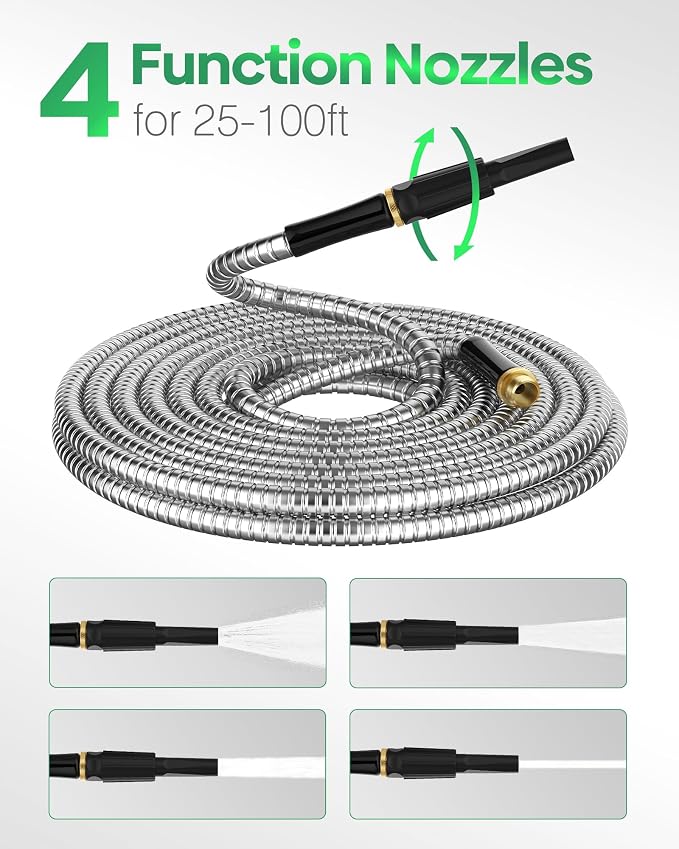 Non-Expandable Metal Garden Hose 30 Feet with Sprayer Nozzle, Flexible, No Kinking, Lightweight & Heavy Duty Water Pipe, Stainless Steel Outdoor Water Hose for Yard 30 ft, Male to Female Connector