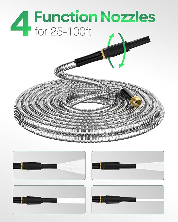 Non-Expandable Metal Garden Hose 100 Feet with Sprayer Nozzle, Flexible, No Kinking, Lightweight & Heavy Duty Water Pipe, Stainless Steel Outdoor Water Hose for Yard 100 ft, Male to Female Connector