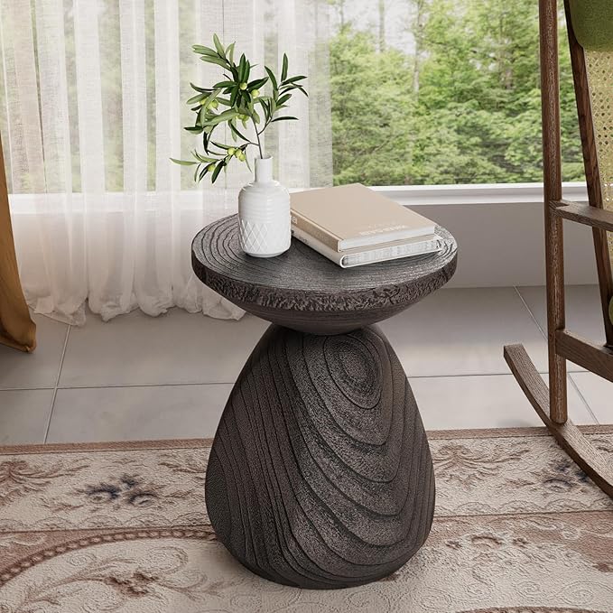 COSIEST Outdoor Side Table Colored Faux Wood, Stump End Stool w Tree Rings, Round Side Wood Tree End Table for Plant Stand, Deck or Garden, Grey