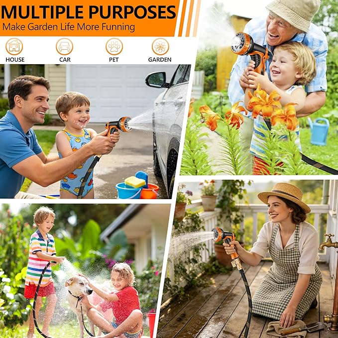 Flexible Garden Hose 50 FT, Ultra Lightweight Water Hoses w/10 Function Sprayer and 3/4" Brass Fittings, Kink-Free, Sturdy, Abrasion Resistant for Yard, Lawn, Outdoor and Gardening(Black Orange)