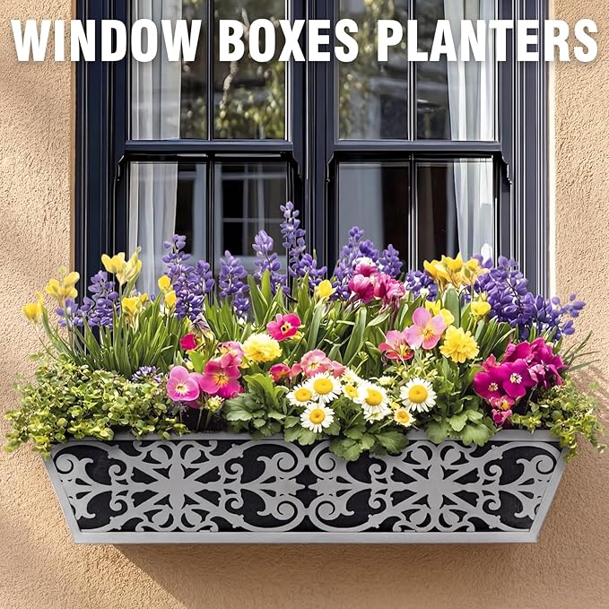 4 Pack 24 Inch Window Boxes Planter for Outdoor Plants Deck Railing Planters Box with Adjustable Brackets for Porch Fence Balcony Hanging Flower Baskets with Non-Woven Fabric Liner for Garden Decor
