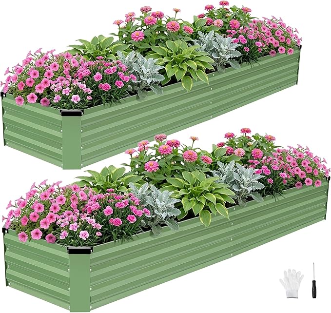 INNO STAGE Galvanized Raised Garden Bed Kits, 8x2x1ft Metal Raised Garden Beds Outdoor, Large Steel Raised Planter Bed with Gloves for Vegetables & Flowers Patio Ground Planter Box(Olive Green, 2PCS)