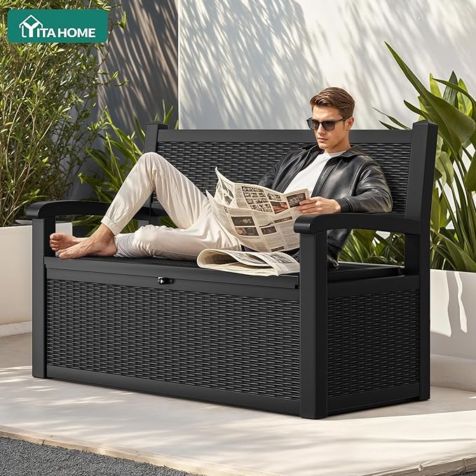 YITAHOME 80 Gallon Storage Bench Deck Box, Lockable Patio Bench with Hidden Storage, Waterproof Outdoor Pool Deck Storage for Patio Cushions, Garden Tools and Pool Supplies, Black
