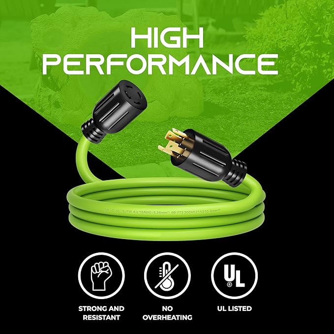 GEARit 30-Amp Generator Extension Cord, 120/250-Volt, 4-Prong, 7500W, NEMA L14-30P/L L14-30R, 10 Gauge SJTW Locking Power Cord for Manual Transfer Switch, Portable Generator Power Outage, 10 Ft, Green
