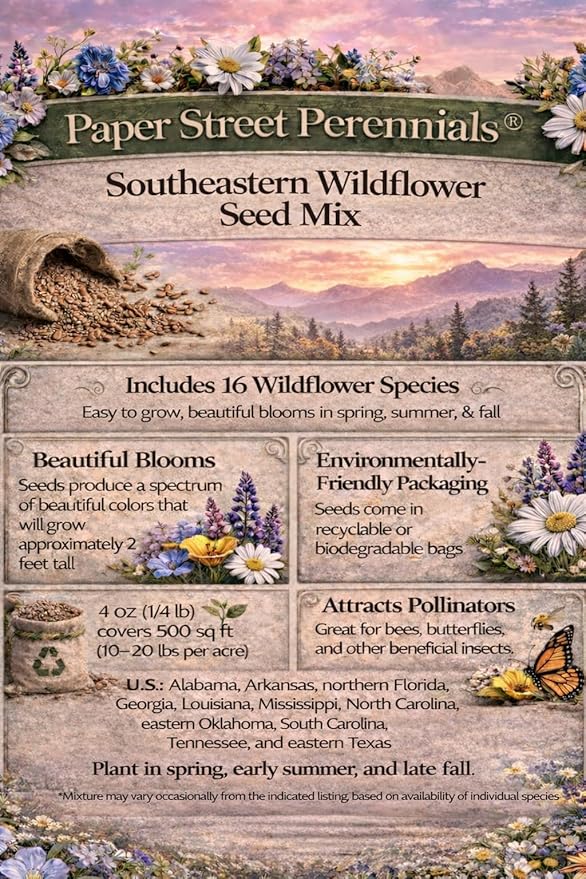 Eastern Texas Bulk Perennial Wildflower Seed Mix 1lb Covers 2,000sq-ft - Attract Pollinators, Multi-Color Blooms - Southeast US Species Plant in Spring/Fall, Earth-Friendly Packaging (1 Pound)