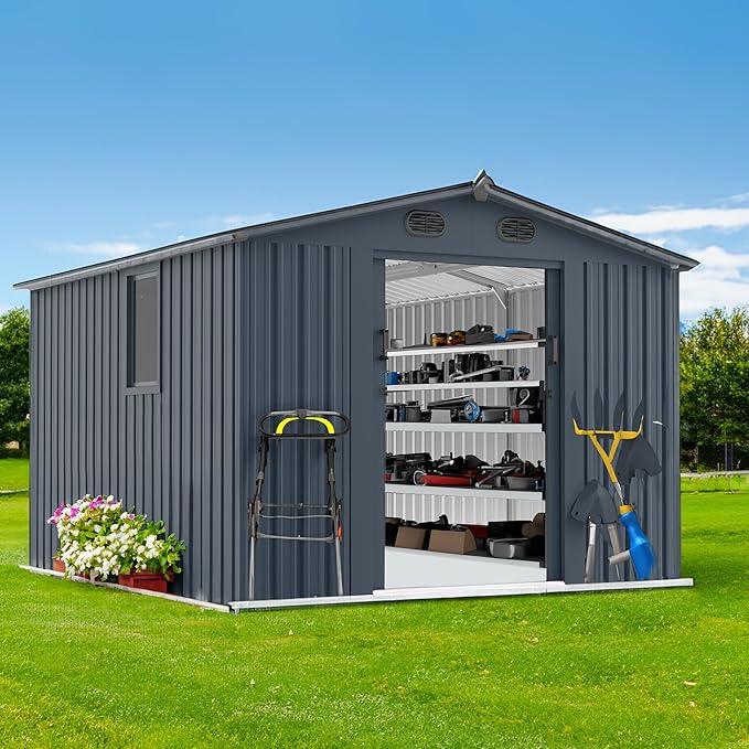 YOPTO 8x10 FT Outdoor Storage Shed,Large Metal Tool Sheds with Window and Lockable Doors, Garden Shed for Backyard Patio Lawn, Dark Grey