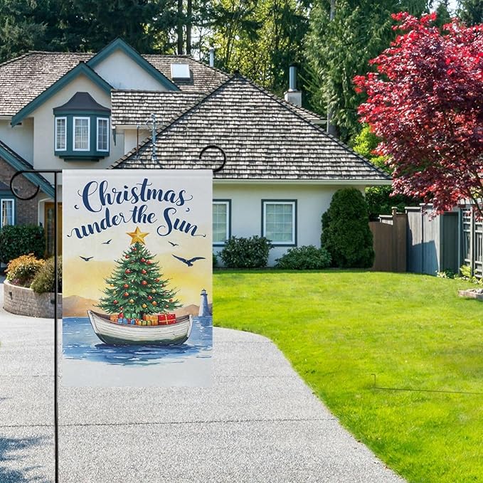 Christmas Beach Time House Flag 28x40 Inch Double Sided Outside Winter Tree Xmas Seasonal Yard Outdoor Flag Banner for Garden Lawn Patio Holiday Decorations