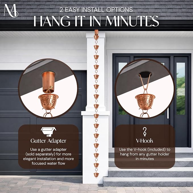Monarch Rain Chains Pure Copper Hammered Cup Rain Chains for Gutters – 8.5 ft Decorative Rainchain Outdoor Durable Heavy Duty Gutter Chain Downspout Replacement, Modern Rainchains for Outside