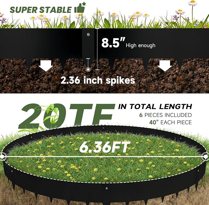 Steel Landscape Edging - 40" LX 8" H Metal Garden Edging - Landscape Lawn Edging - 20FT Total 6 Pcs - No-Dig Hammer Heavy Duty Metal Edging Bendable Border Strips for Lawn Yard Black GJWCVL - 6 Clips