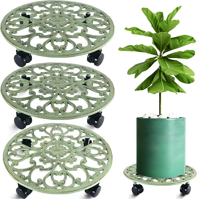 3 Packs 14 Inch Rolling Plant Stand with Wheels Metal Plant Caddy with Wheels Heavy Duty Round Plant Stand Indoor Iron Plants Rollers for Plants, Plant Dolly Retro Green