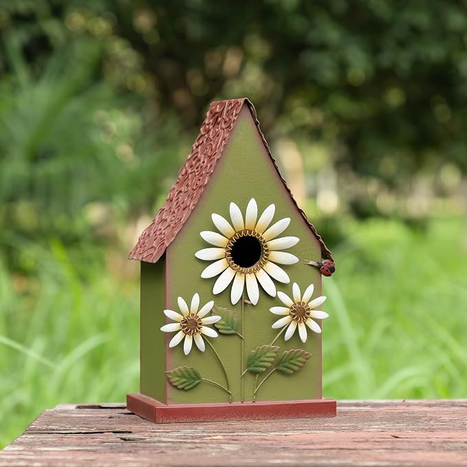 Glitzhome Birdhouses for Outdoors, Bird Houses Stake for Outside, 52.5" H Metal Bird House Decorative Daisy Birdhouse with Stake for Garden Patio Backyard (Green)