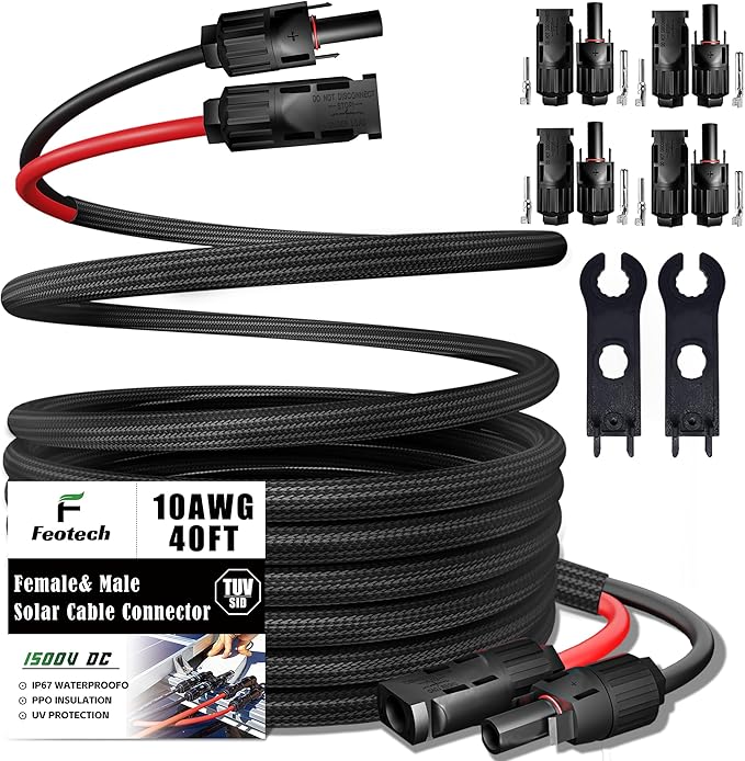 Twin Wire 40 Feet Solar Extension Cable 10AWG with -IP67- Female and Male Connector, Bonus Four Pairs of Free Connector Solar Panel Adapter kit Tools (6 Pairs connectors)