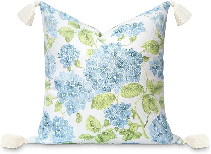 Hofdeco Premium Coastal Patio Indoor Outdoor Throw Pillow Cover Only, 18"x18" Water Repellent for Backyard, Couch, Baby Blue Green Print Sketch Hydrangea Flower