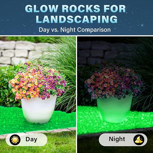 PoYang 1000pcs Glow in The Dark Rocks Outdoor - Green Resin Glowing Pebbles for Landscaping, Garden, Fish Tank and Aquarium Indoor Decor, Powered by Sunlight or Lamplight (0.4"-0.7"/pc, 1.2lbs/Bag)
