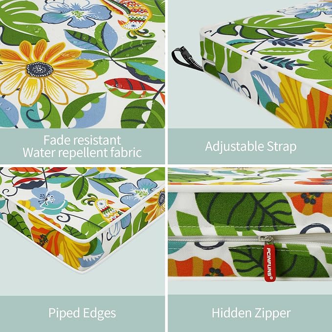Patio Chair Cushions 22x22 Inch, Water Repellent Outdoor Seat Cushions with Adjustable Straps, Fade Resistant Replacement Cushions for Garden Deck Sofa Couch, Set of 2, Flower Bird