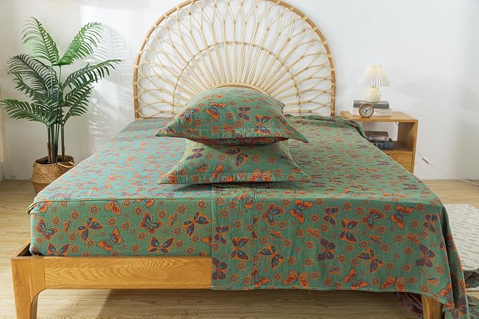 FADFAY Butterfly Sheets Set Queen Vintage Green Red Floral Bedding Shabby Farmhouse Bedding Super Soft Washed Double -Layer Muslin Sheets 100% Cotton Deep Pocket Fitted Sheet 4Pcs, Queen Size