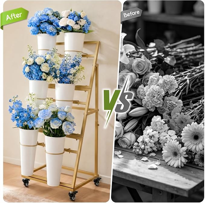 Flower Bar Stand with 6 Buckets, 3-Tier Metal Flower Display Stand on Wheels, Mobile Flower Cart for Indoor & Outdoor Garden, Flower Shop, Wedding, Party Decor(Gold)