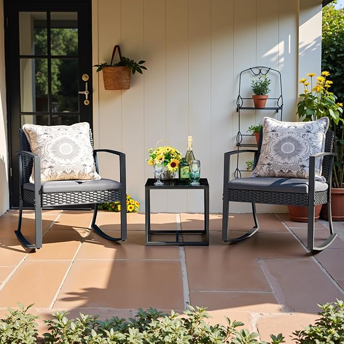 Devoko Resin Patio Furniture Set 3 Piece All Weather Outdoor Rocking Chairs with Cushions and Coffee Table for Bistro Balcony Porch (Gray)