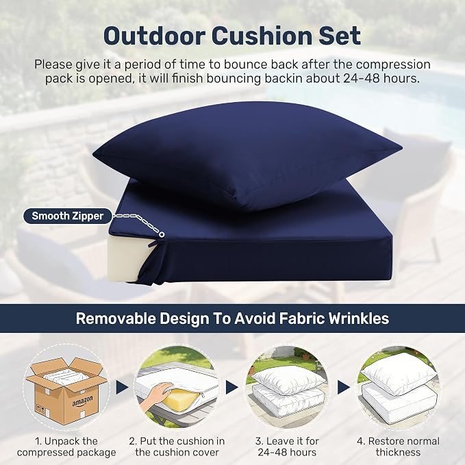 UNIKOME Outdoor Seat Cushions 22 X 22 Inch - Water-Resistant & Fade Resistant, Removable Cover Patio Furniture Cushions for Chair, Sofa, Couch, Wicker, Navy