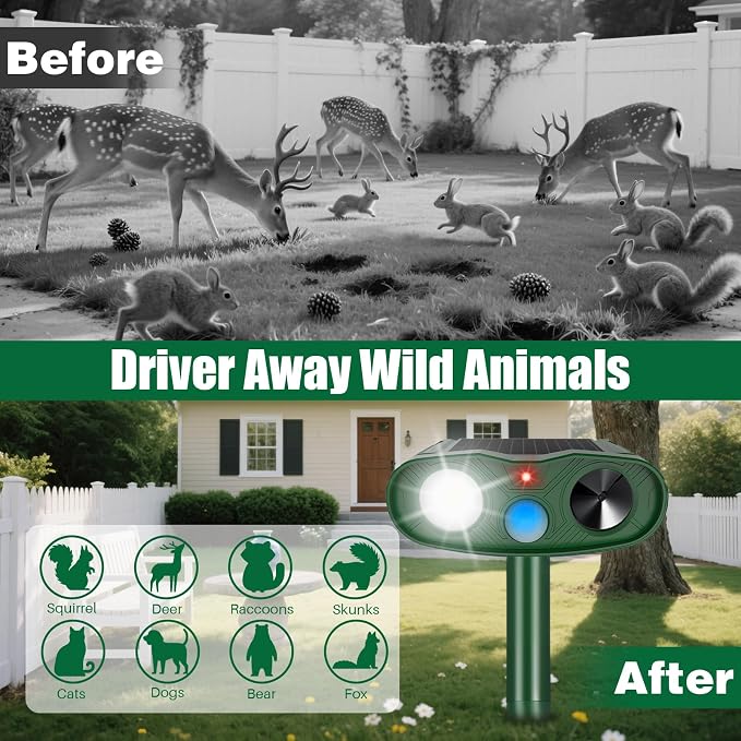 4Pack Ultrasonic Cat Repellent Outdoor Bear Repellent Devices,Solar Animal Repeller Motion Detection Rabbit Raccoon Squirrel Dog Squirrel Repellent Deterrent with LED Flash Lights for Yard