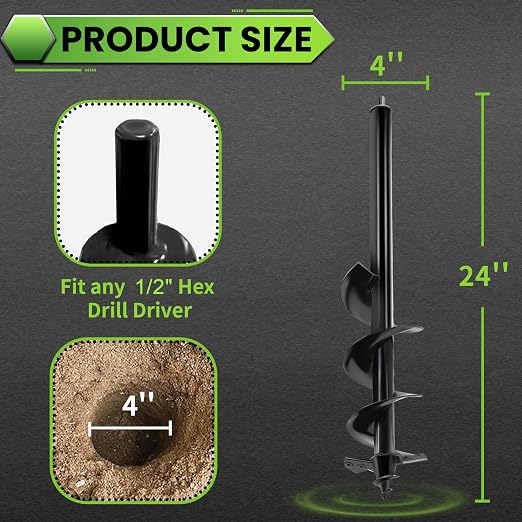 Auger Drill Bit for Planting - 4"X24" Heavy-Duty Auger Post Hole Digger for Fence- 1/2" Hex Drive Drill