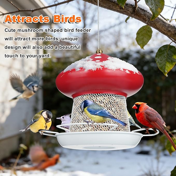 Bird Feeder, Heavy Duty Metal Bird Feeders for Outdoor Hanging, Cute Mushroom Shape Wild Birdfeeder for Outside Garden Yard (Red)