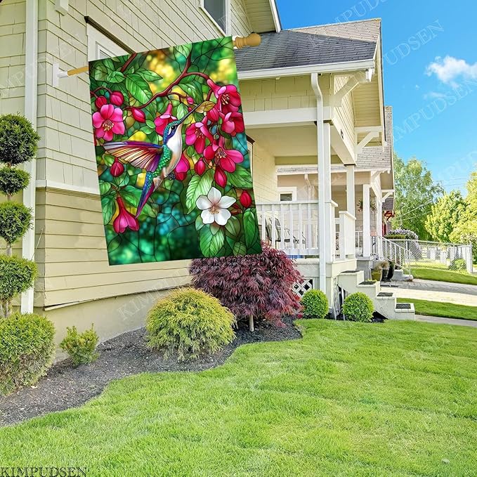 Hummingbird Spring Garden Flag Floral Birds 28x40 Inch Double Sided Burlap Large Yard Outdoor House Flag Spring Decor for Home, Porch, Farmhouse