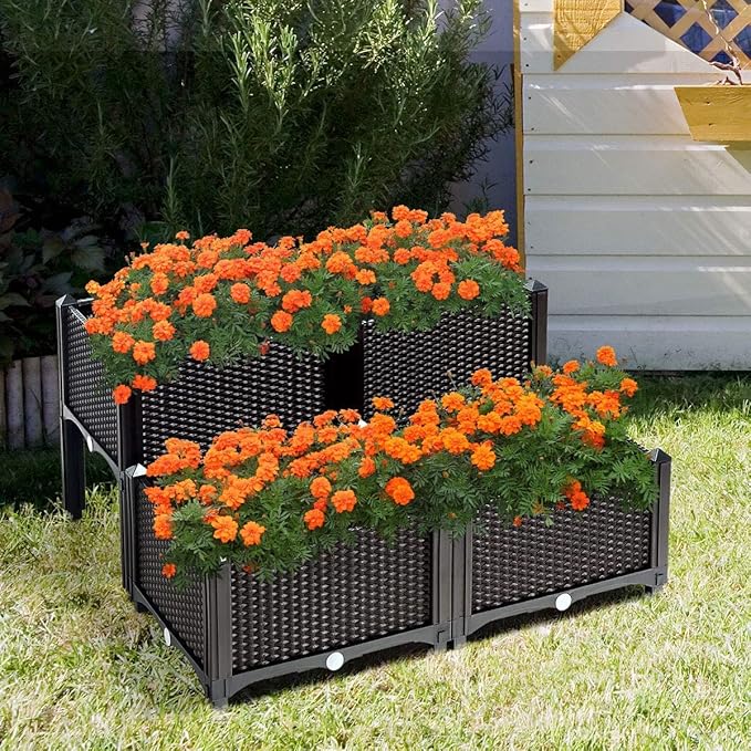 LDAILY LUARANE Raised Garden Bed Kit, Outdoor Plastic Planter Box Set of 4, Elevated Garden Beds with Brackets, Suitable for Garden Patio Balcony Dining Room