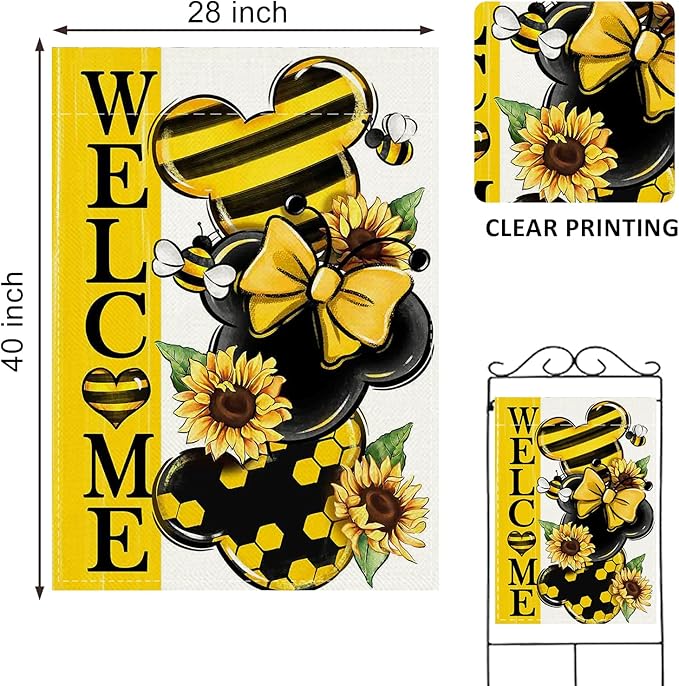 Welcome Spring Decorative House Flag, Yellow Sunflower Honey Bumble Bee Garden Yard Outside Decorations, Seasonal Burlap Outdoor Large Home Decor Double Sided 28 x 40