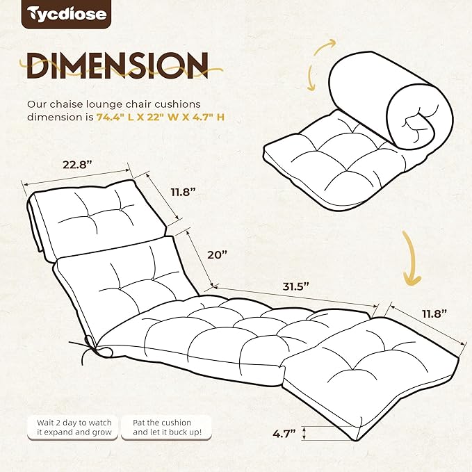 Outdoor Chaise Lounge Chair Cushion Waterproof 74.4 x 22 x 4.7 Inches Memory Foam Lounge Chair Cushions Replacement for Outdoor Furniture with Ties, Thickened Pool Lounge Chair Cushion, Beige