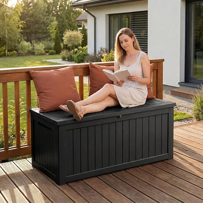 Large 231 Gallon Resin Deck Box, Heavy Duty Lockable Patio Storage Box Outdoor, Waterproof Tool Box for Garden Furniture Cushions & Pool Supplies, Wood Grain Outdoor Storage Bench for Backyard