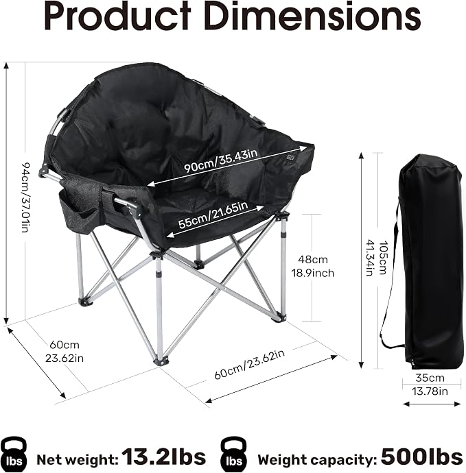 SunSettler Oversized Heated Camping Chair, Outdoor Camp Chairs with 3 Heat Levels, Portable Folding Padded Chair for Camp, Lawn, Sports (Black, Oversized)