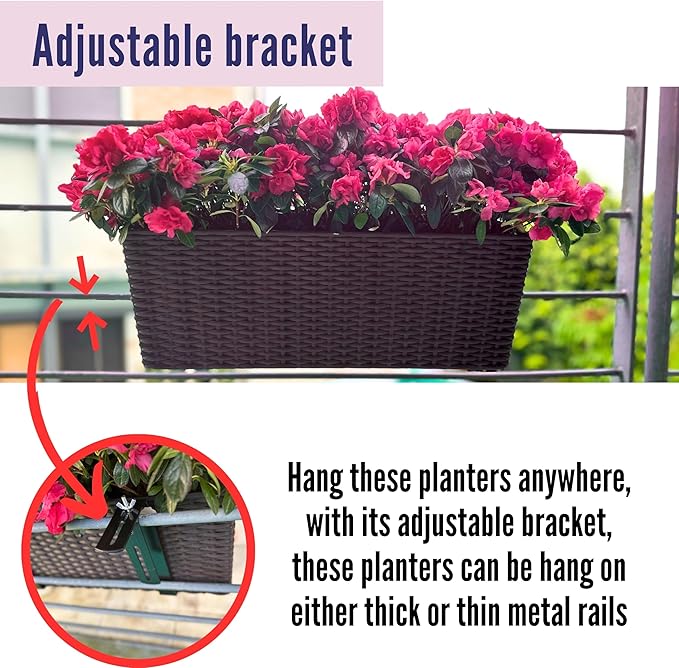 LaLaGreen Outdoor Rail Planter for Balcony (20 Inch, 2 Pack) Large Black Self Watering Railing Planters with Brackets, Rectangular Plastic Window Flower Box Fence Designer Choice with Rattan Pattern