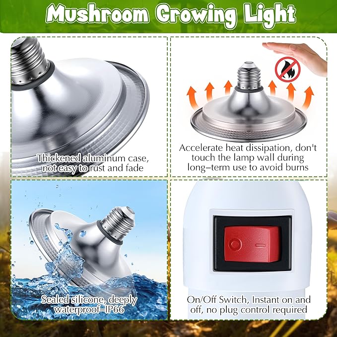 Meonum 1 Pack Hanging Mushroom Grow Light, E27 LED Grow Lamp for Indoor Plants, Decorative 6000K Blue & 5000K White Spectrum, 4.9FT Cord with Switch, Unique Mushroom Plant Light