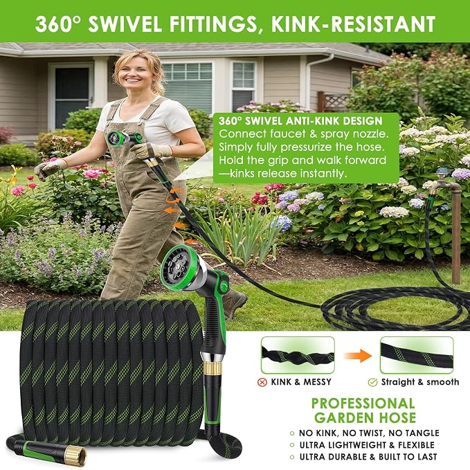 Garden Hose 100 ft, Non-Expandable Ultra-Lightweight Flexible Hose with 360° Dual-End Anti-Kink Design, 10-Pattern Spray Nozzle, 500 PSI Leak-Proof, 96-Strand Braided Fabric, Storage Strap