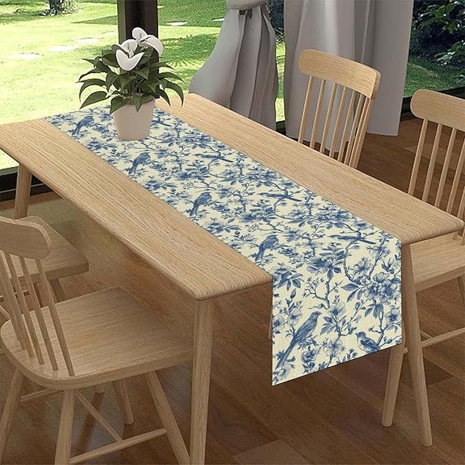 Blue Birds Floral Table Runner, Monochrome Sketch Japanese Boho Spring Seasonal Chinese Table Center Decor for Kitchen Family Country Restaurant and Living Room Table Decorations, 13" X 90"