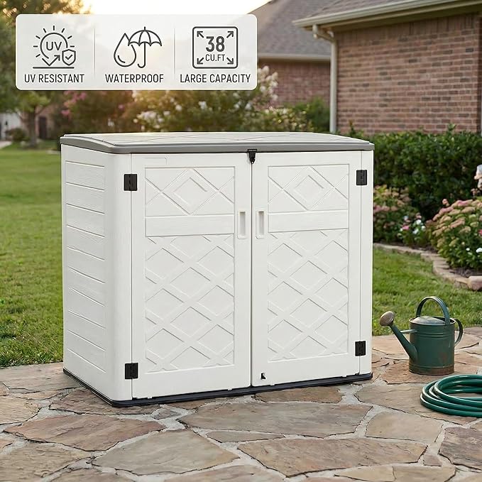 Outdoor Storage Shed, 38 Cu. Ft Weatherproof Cabinet, Horizontal Storage Box for Backyard, Patio, Pool, Garden, No Shelf Included (White)